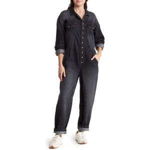 free people townes black denim long sleeve button up jumpsuit coveralls